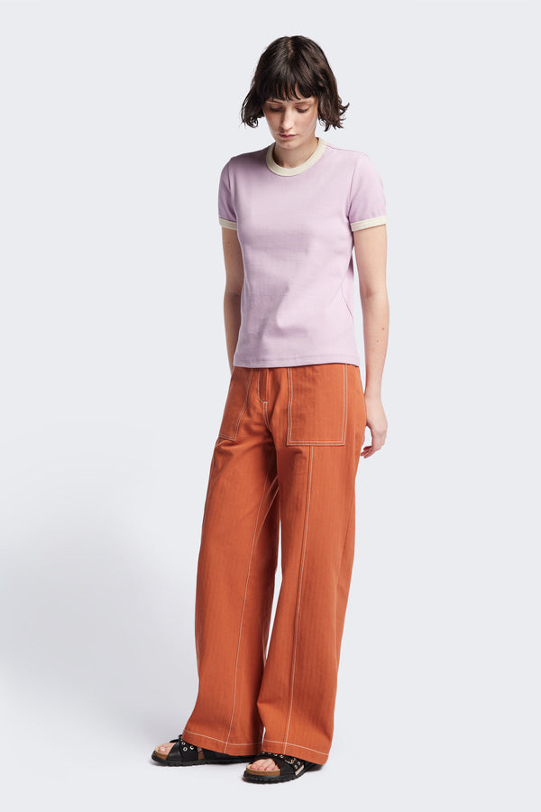 Front of the Veil Rib Tee a slim-fit ringer tee in ribbed cotton, featuring a vintage 70's-inspired design with contrasting neckline and sleeve details. Available in 5 sizes.