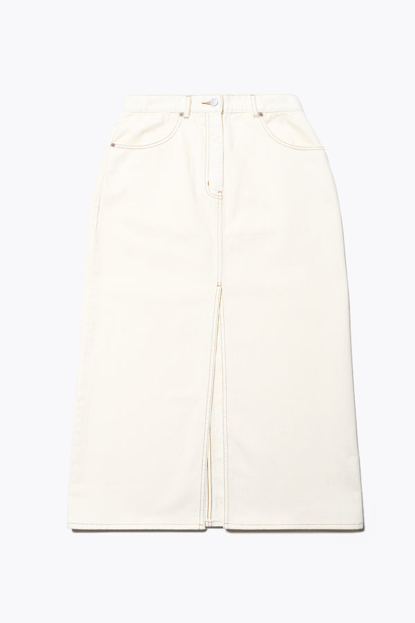 Flat Front of The Vivendi Skirt in ecru a Straight denim pencil skirt with a front split and midi length, crafted from 12oz Japanese denim. Available in 6 sizes.