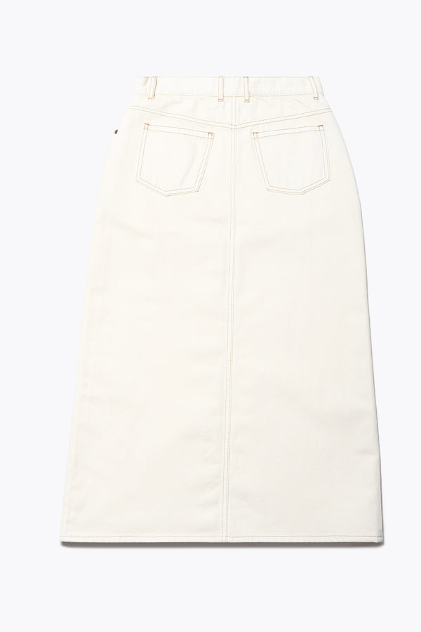 Flat Back of The Vivendi Skirt in ecru a Straight denim pencil skirt with a front split and midi length, crafted from 12oz Japanese denim. Available in 6 sizes.