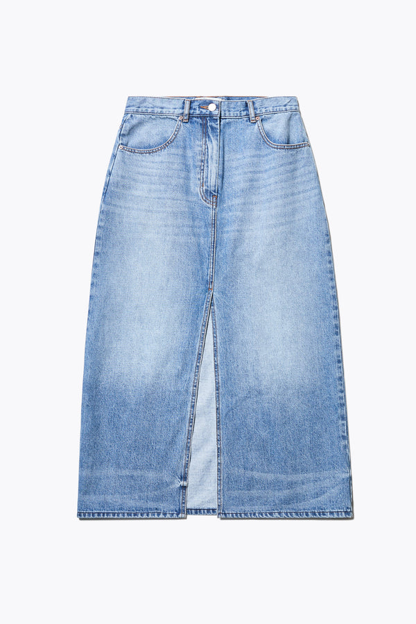 Flat Front of The Vivendi Skirt a Straight denim pencil skirt with a front split and midi length, crafted from 12oz Japanese denim. Available in 6 sizes.