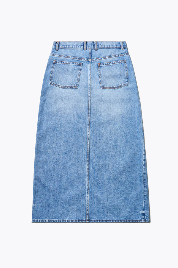 Flat back of The Vivendi Skirt a Straight denim pencil skirt with a front split and midi length, crafted from 12oz Japanese denim. Available in 6 sizes.