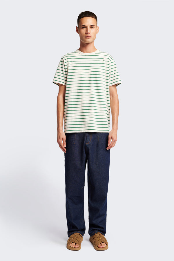 The Radius T-Shirt is a traditional tee with 1 x 1 rib-bound cover-stitched neckline that's reinforced at the back. Made from 100% organic cotton in green and white stripe.