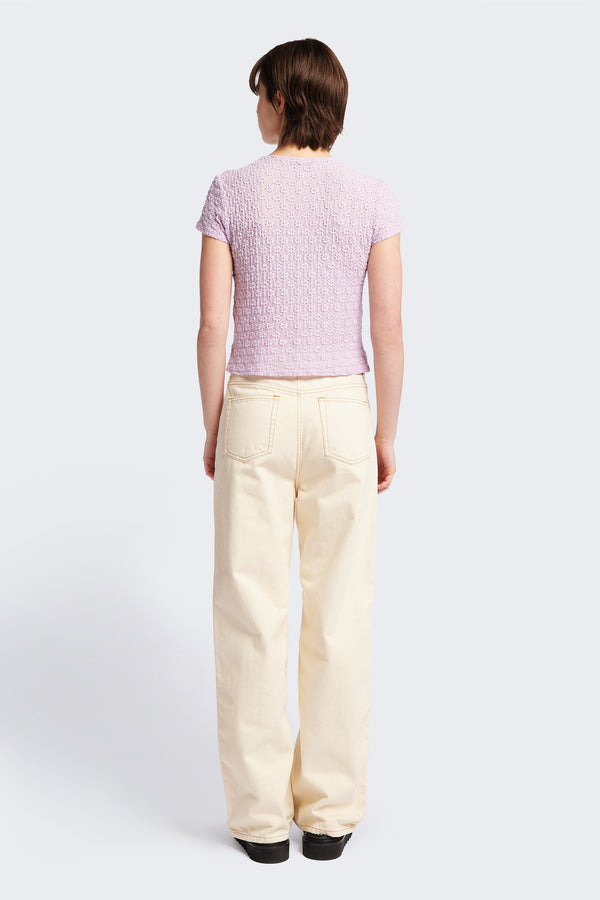 back of Ruse Top in Lilac, slim fit with cap sleeves and a flower motif, made from soft cotton with added stretch for comfort. Available in 6 sizes.