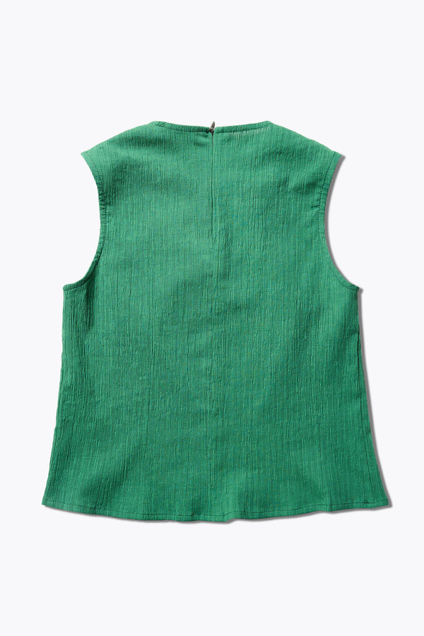 The back of the Aeon Crinkle Top in Green, featuring a sleeveless design, panelled bustline, high neckline, and concealed back zip. Crafted from structured crinkled crepe fabric. Available in 4 sizes.