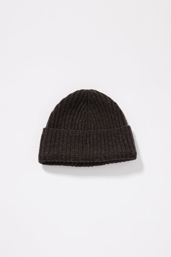Coffee Fading Beanie flat lay showing ribbed half-cardigan knit construction and contemporary proportions in RWS certified Merino