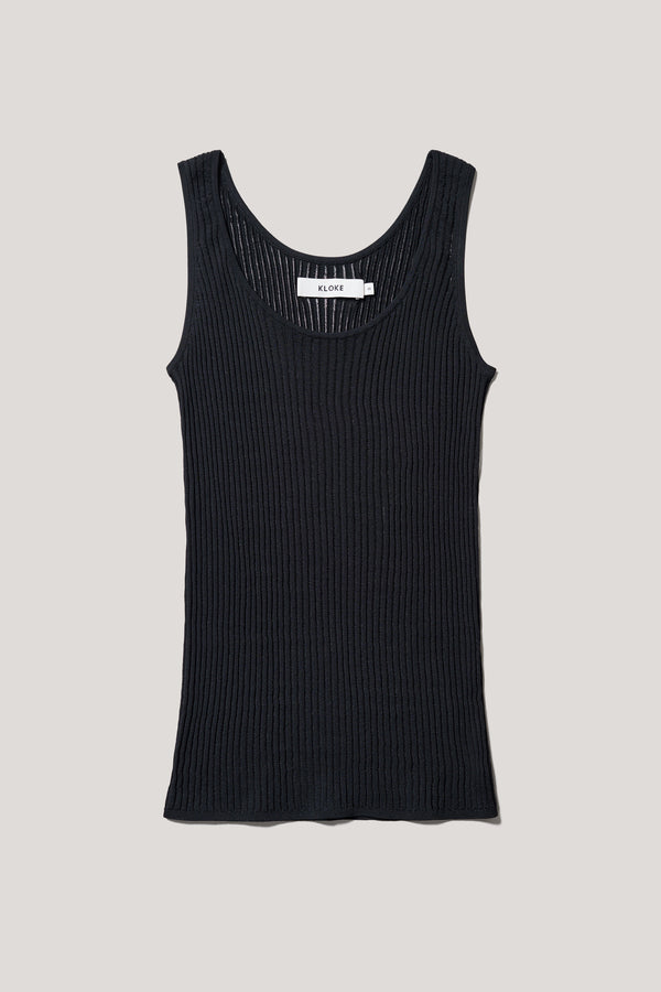 Flat front of the Black Duet Knit Singlet, showing the draped fit and textured knit.