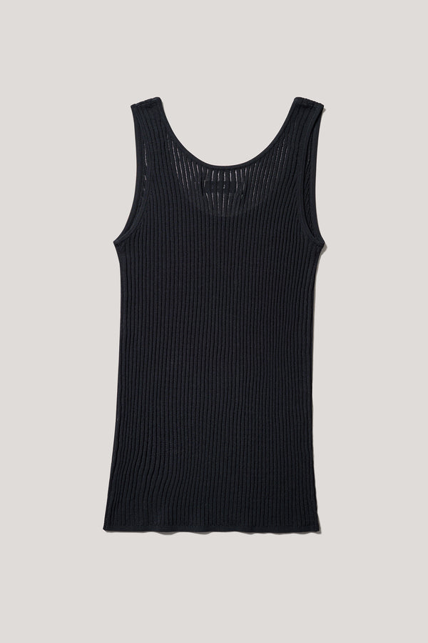 Flat back of the Black Duet Knit Singlet, showing the draped fit and textured knit.