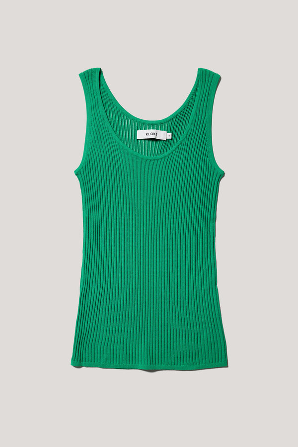 Flat front of the green Duet Knit Singlet, showing the draped fit and textured knit.