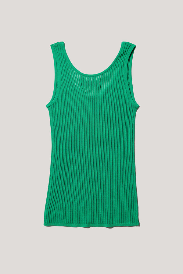 Flat back of the green Duet Knit Singlet, showing the draped fit and textured knit.