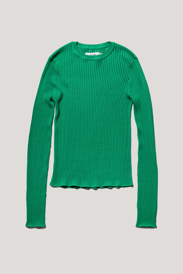 Flat front of the Green Verse Knit Tee with subtle drop-stitch texture and fitted long-sleeve silhouette.