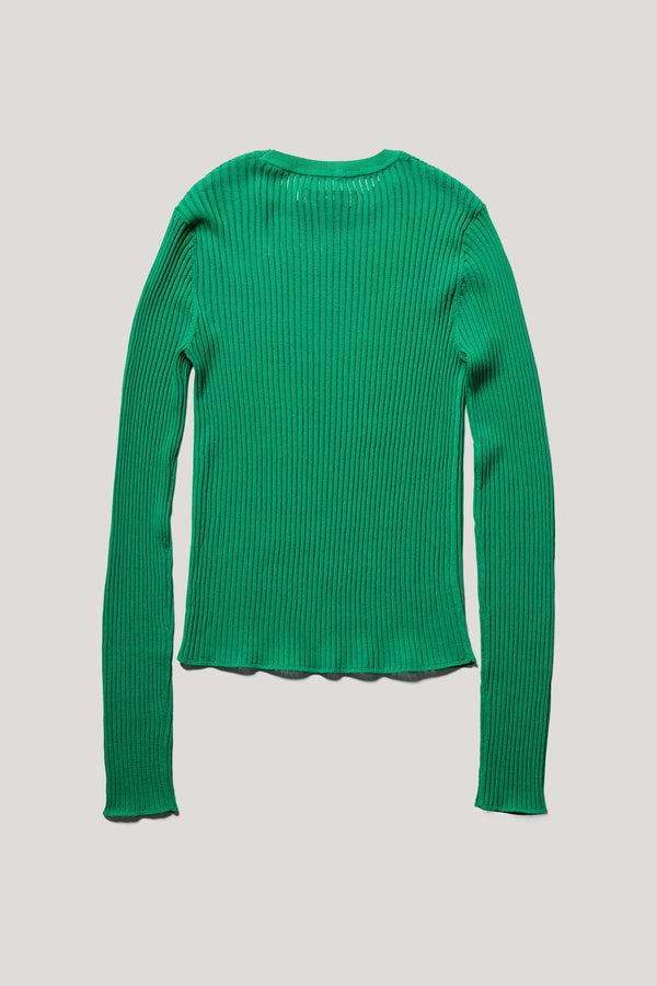 Flat back of the Green Verse Knit Tee with subtle drop-stitch texture and fitted long-sleeve silhouette.