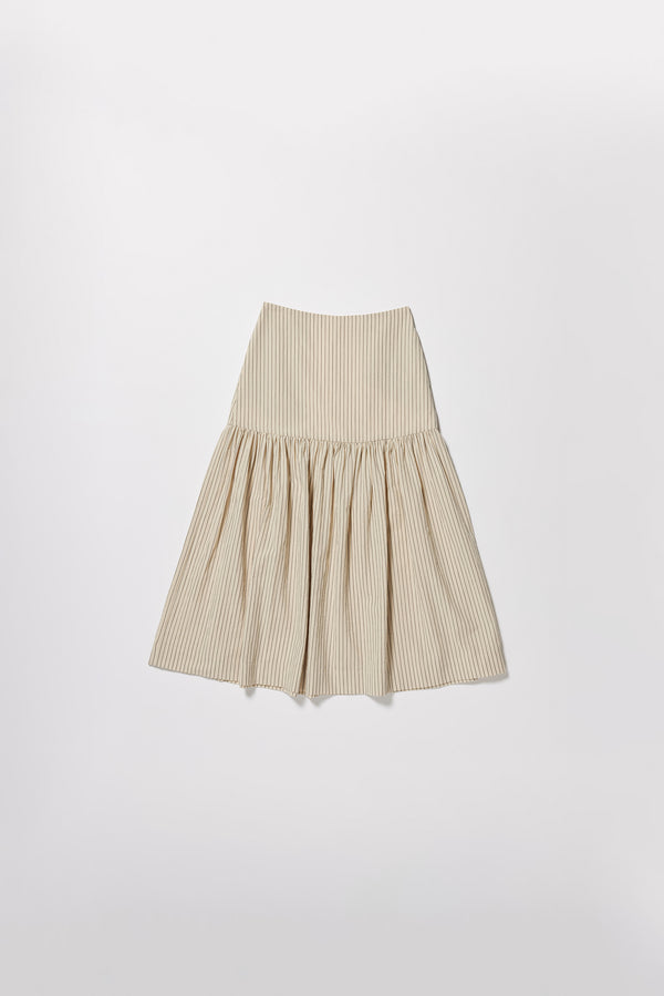 Flat front of the Ecru and Black Pin Stripe Panelled cotton skirt with gathered full silhouette, wide yoke waist, and invisible back zip closure.