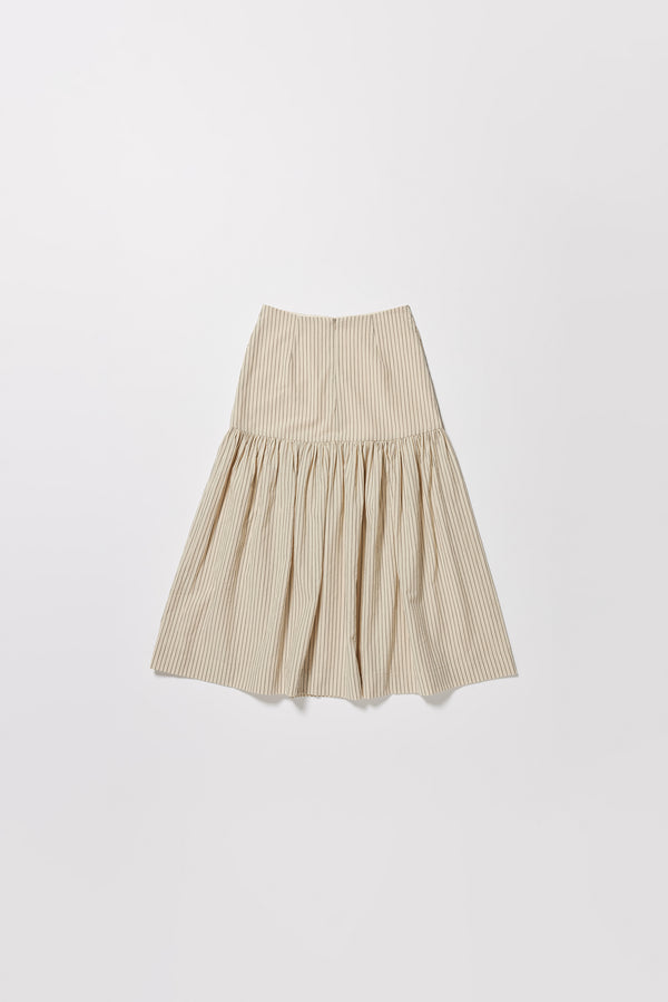 Flat back of the Ecru and Black Pin Stripe Panelled cotton skirt with gathered full silhouette, wide yoke waist, and invisible back zip closure.