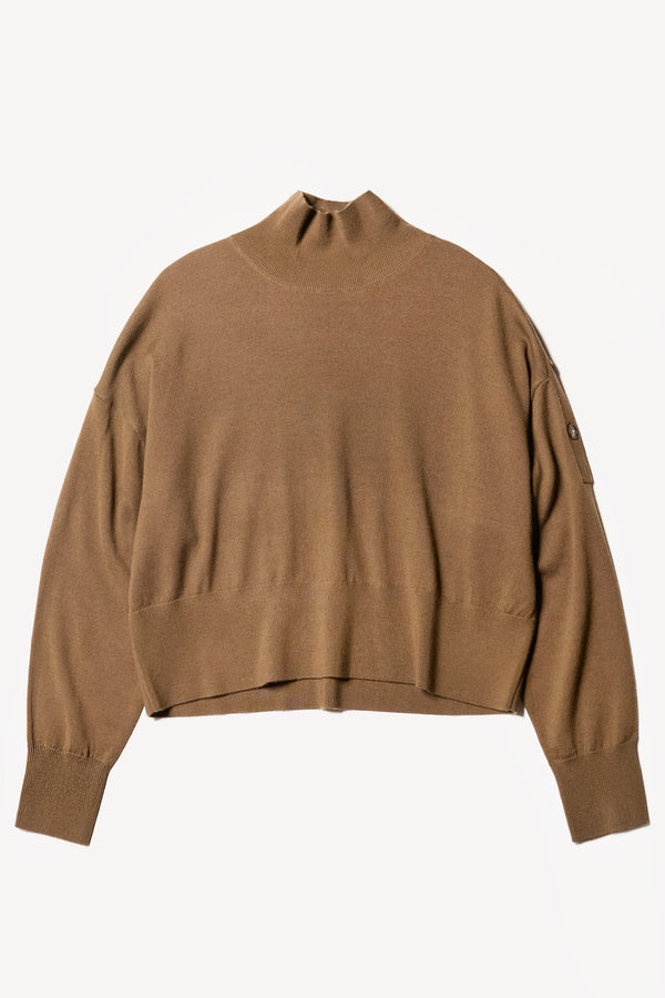 Front front of the impart merino wool mock neck sweater with shoulder button detail in brown. 
