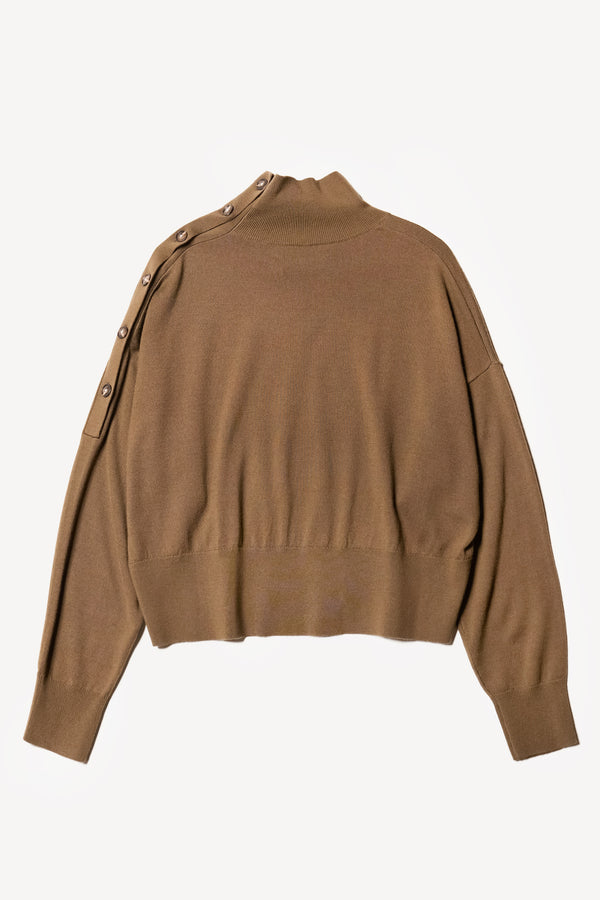 Flat Back view of the impart merino wool mock neck sweater with shoulder button detail in brown. 