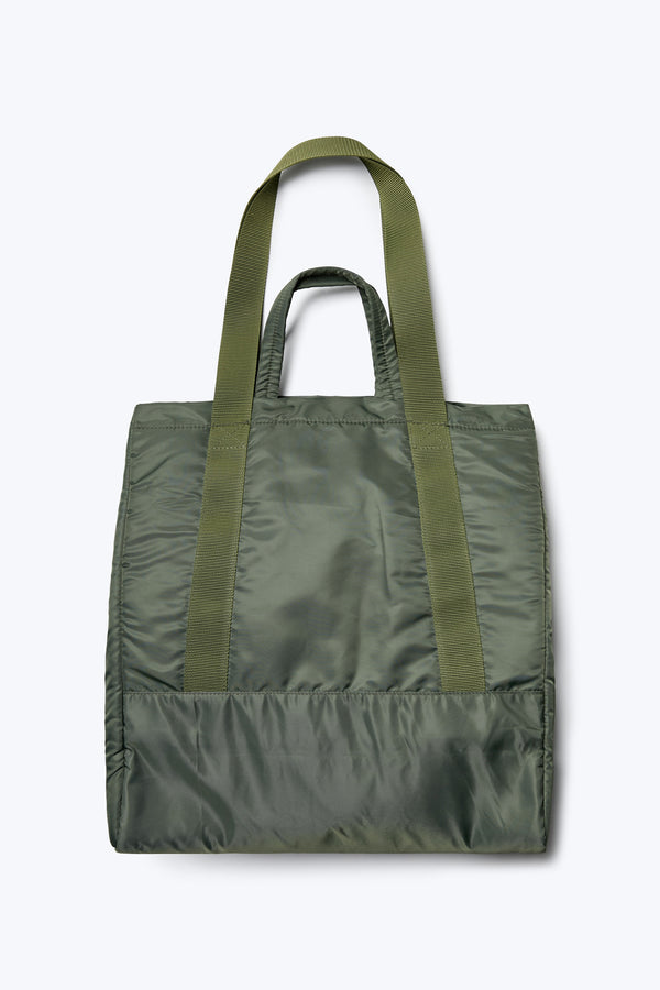 The back of the Influx Padded Bag, a practical tote in dark olive green. Made from a strong, quick dry nylon. 
