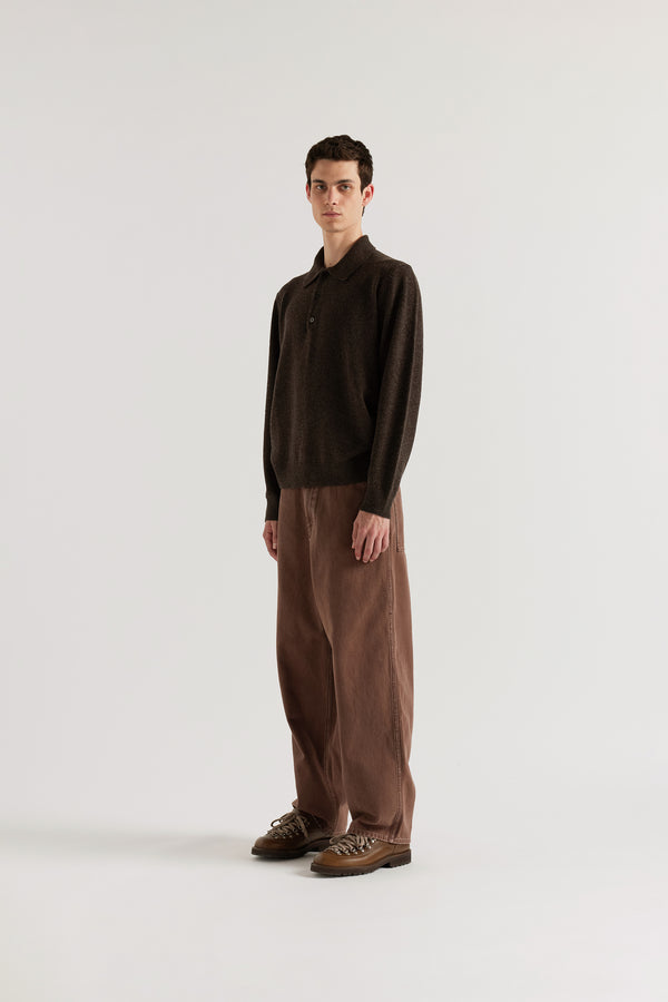Ash Collared Knit in Coffee, front view showing three-button placket, rib knit collar and long sleeve silhouette in 100% extrafine RWS Merino