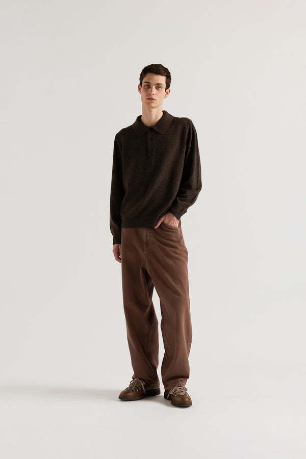 Ash Collared Knit in Coffee, front view showing three-button placket, rib knit collar and long sleeve silhouette in 100% extrafine RWS Merino