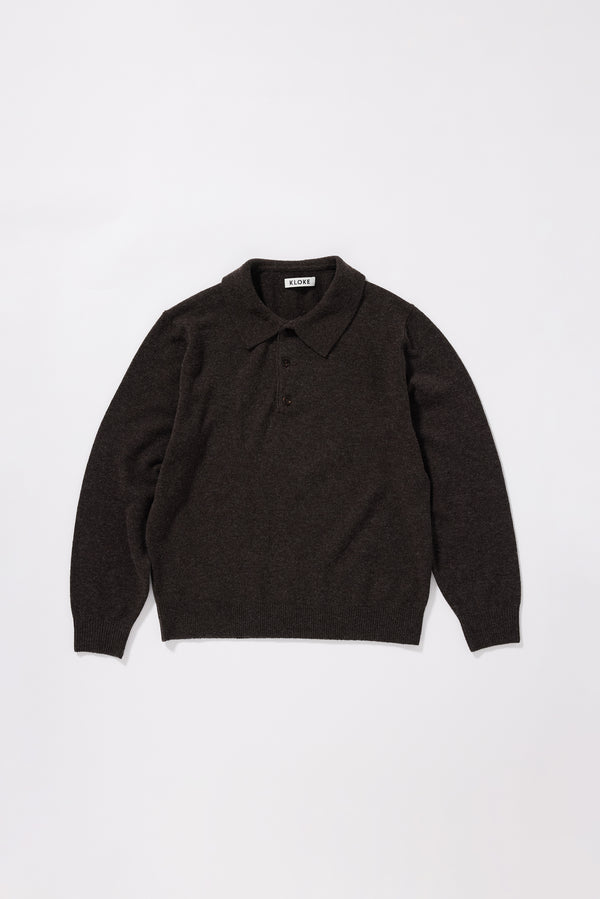 Ash Collared Knit in Coffee, front view showing three-button placket, rib knit collar and long sleeve silhouette in 100% extrafine RWS Merino