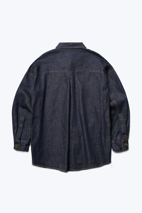 The back of the Barium Denim Shirt Indigo a long sleeve shirt cut from Japanese Denim 