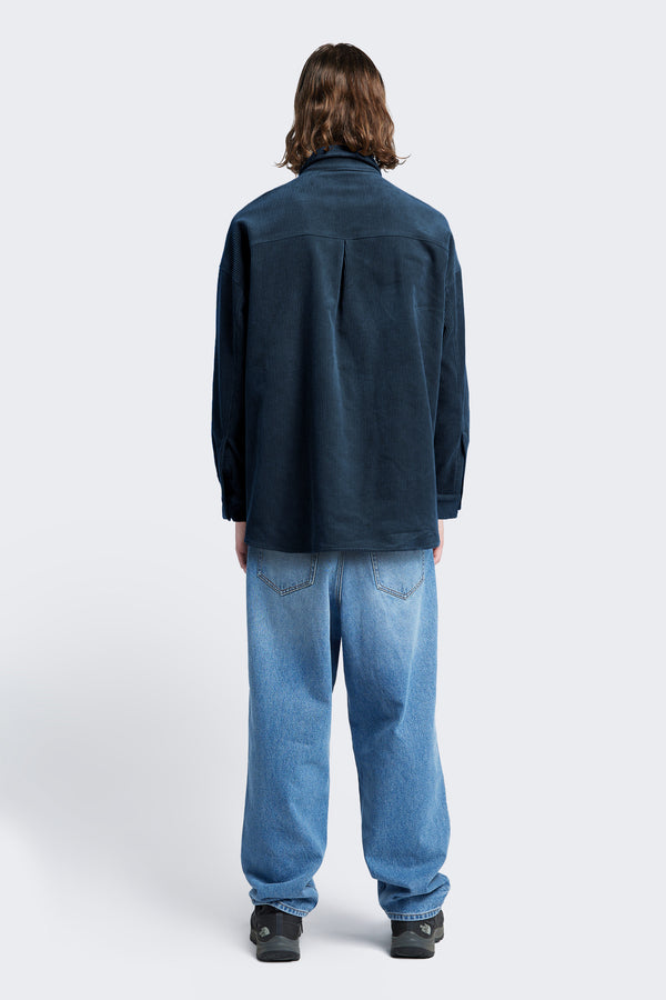 The back of the Corner Cord Shirt Petrol Blue made from thick wale corduroy.