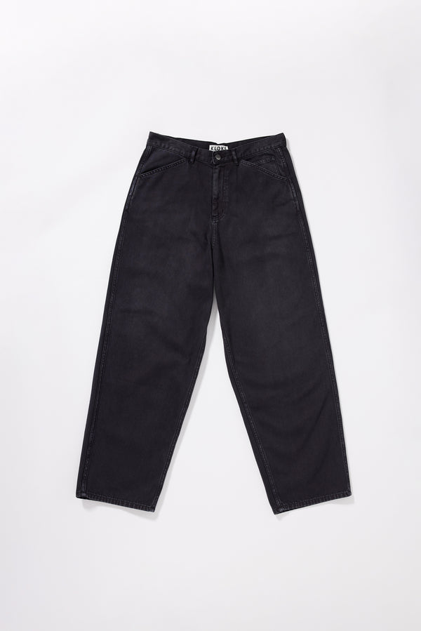 Flat front of the Ethereal Jean in black fade with a relaxed straight-leg fit, front slant pockets and oversized coin pocket.