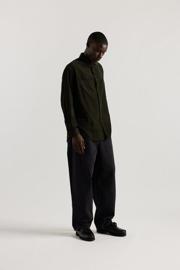 Front view of the Ethereal Jean in Black fade with a relaxed straight-leg fit, front slant pockets and oversized coin pocket.