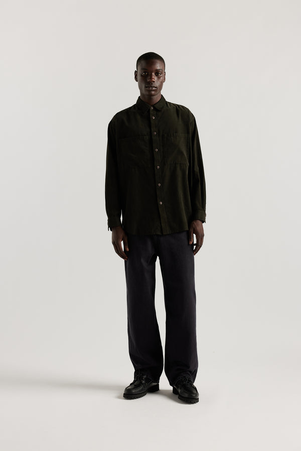 Front view of the Ethereal Jean in Black fade with a relaxed straight-leg fit, front slant pockets and oversized coin pocket.