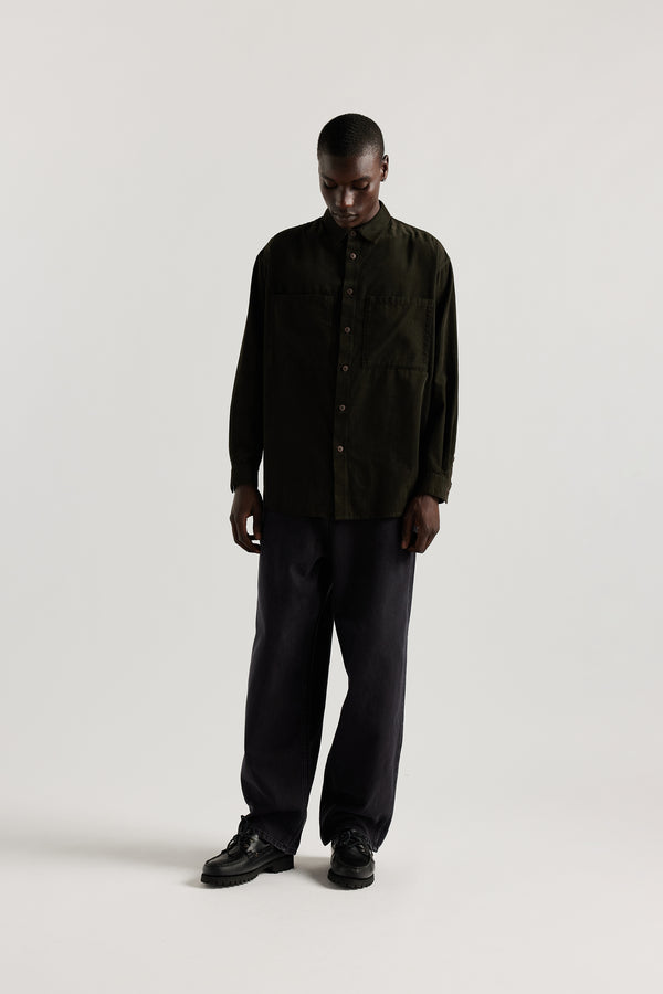 Front view of the Ethereal Jean in Black fade with a relaxed straight-leg fit, front slant pockets and oversized coin pocket.