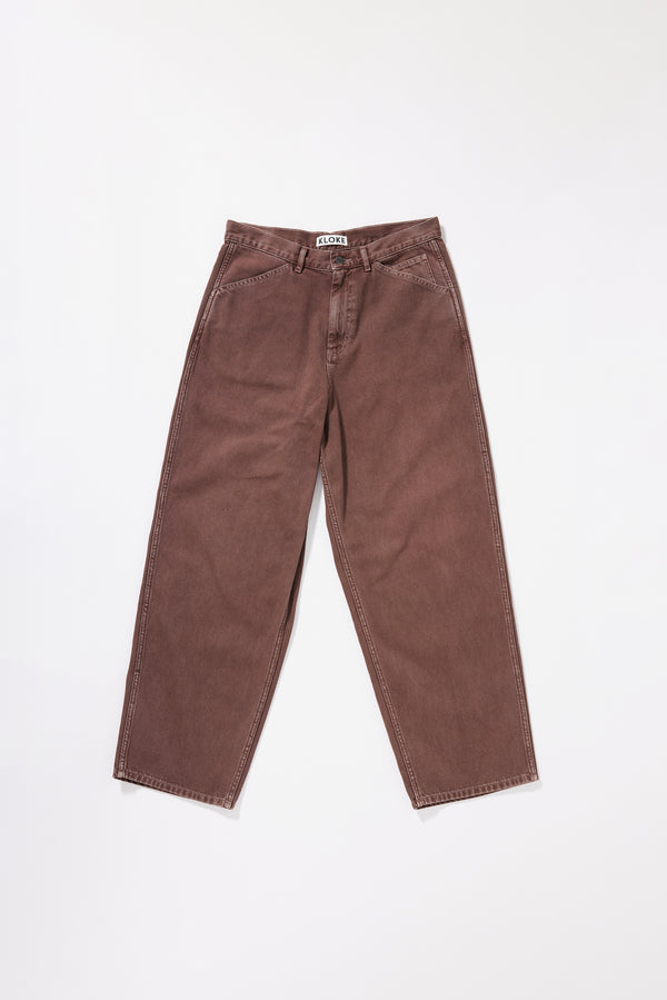 Flat front of the Ethereal Jean in brown fade with a relaxed straight-leg fit, front slant pockets and oversized coin pocket.