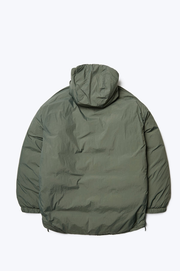 The back of the Majority Quilted Puffer Jacket Olive. Made with 100% post-consumer down fill and 100% recycled nylon and features a fully quilted hood.