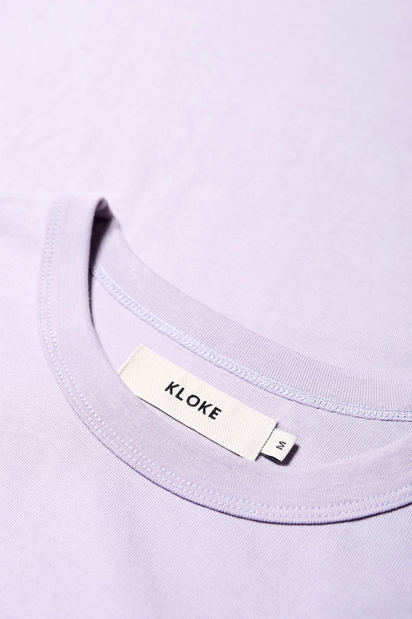 Close up details of The Offline T-shirt long sleeve crafted in soft, durable 100% organic cotton in Lilac Purple. Available in 5 sizes. 