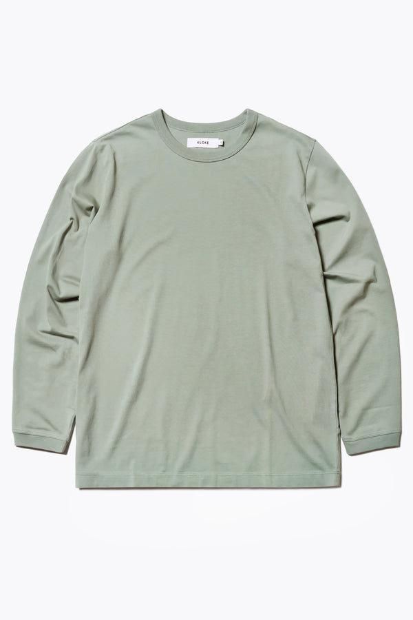 Front of the Offline Long Sleeve T-Shirt Sage Green, a simple versatile styled featuring rib bound openings and a reinforced back yoke. Available in 5 sizes.