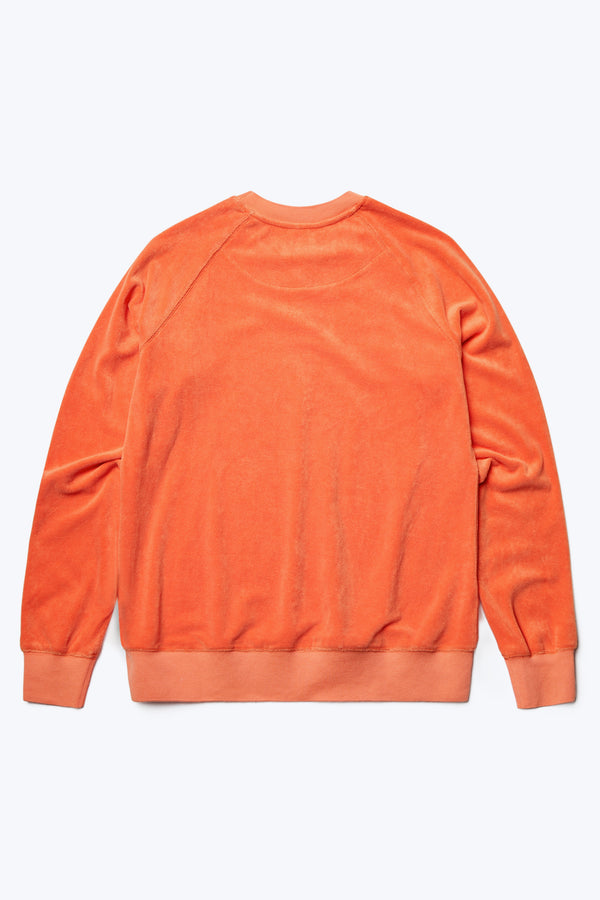 The back of the Range Towelling Sweater Tangerine Orange, a relaxed sweater inspired by an old-school track-and-field pedigree. Made from plush, 100% cotton Okeo-tex standard 100 micro terry-towelling.