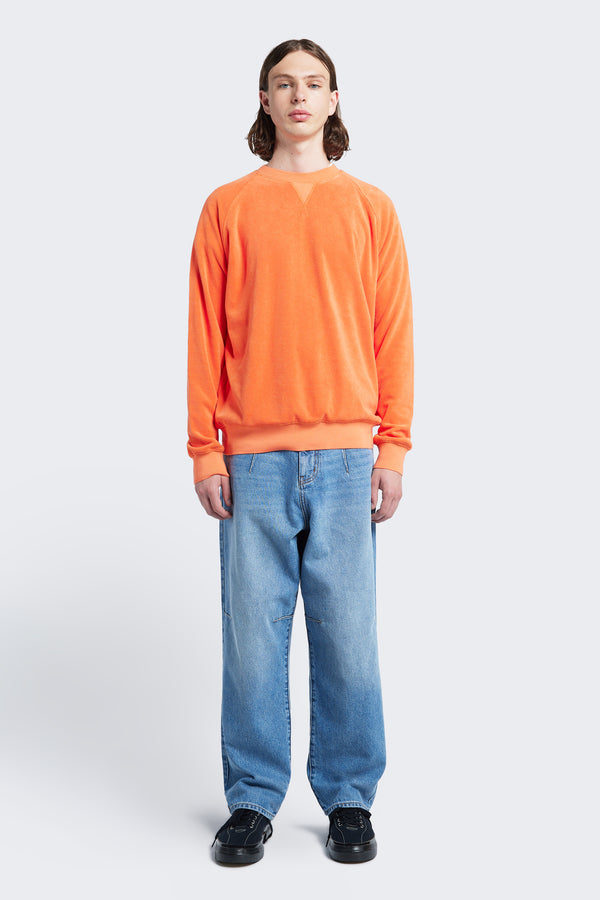 The Range Towelling Sweater made from plush, 100% cotton Okeo-tex standard 100 micro terry-towelling in Tangerine Orange. 