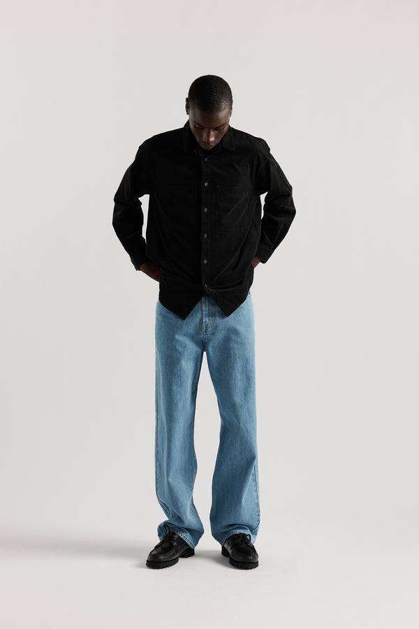 The sworn denim jean in Pale Wash Blue. Looser fit all-purpose jeans in premium Japanese denim with zip fly, button closure, five-pocket design, and Kloke branded hardware. Available in 8 sizes.