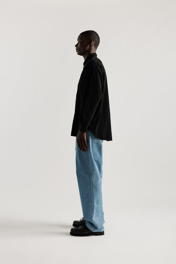 The sworn denim jean in Pale Wash Blue. Looser fit all-purpose jeans in premium Japanese denim with zip fly, button closure, five-pocket design, and Kloke branded hardware. Available in 8 sizes.