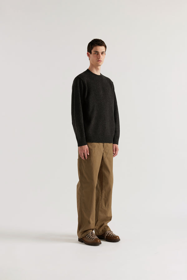 Charcoal Vellum Knit Sweater front view showing clean crew neck silhouette and minimal extrafine RWS Merino knit construction
