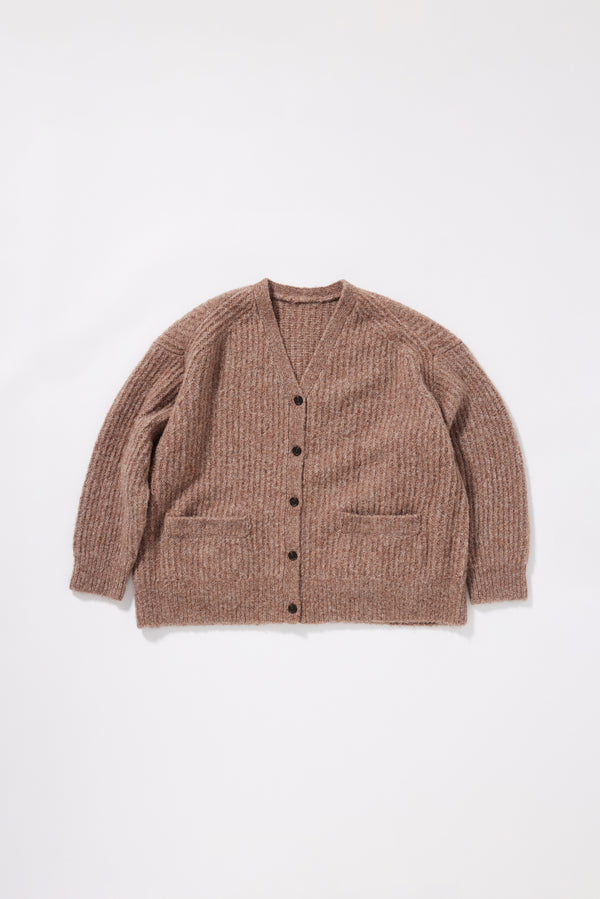 Flat Front Bloom Cardigan in Walnut buttoned, showing oversized fit, deep V-neckline, raglan sleeves and marle-flecked alpaca blend knit