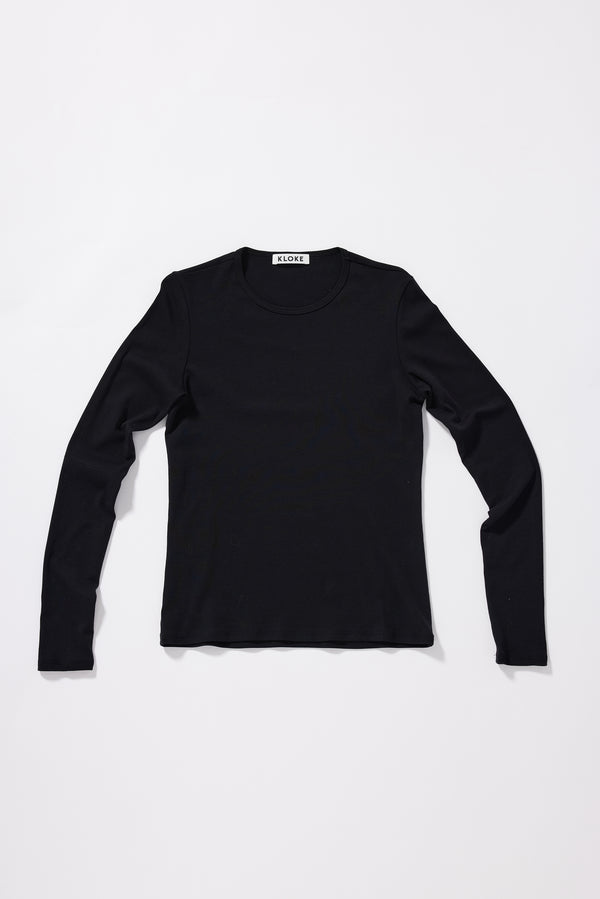 Convex Long Sleeve Top in Black front view showing slim fit silhouette and 1x1 organic cotton rib construction