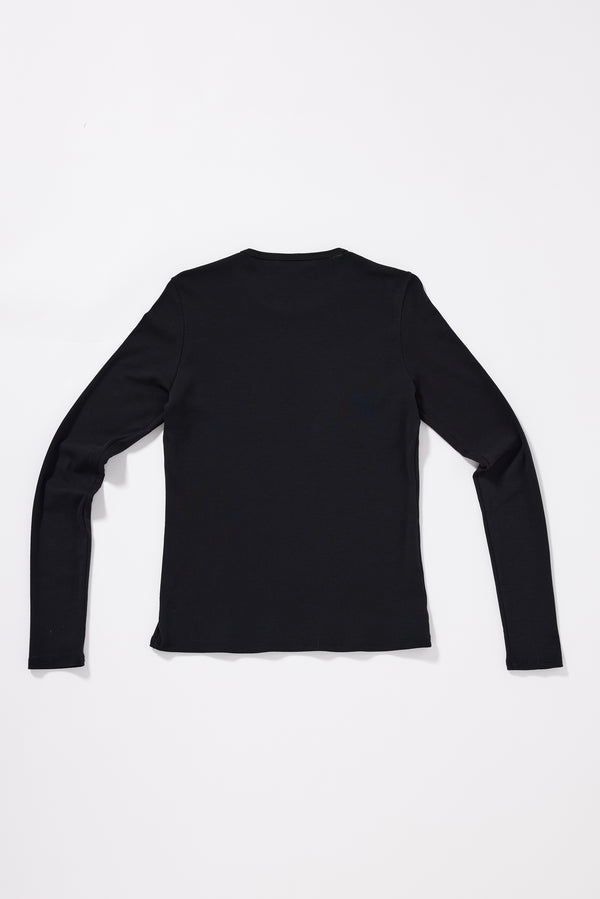 Back view of the Convex Long Sleeve Top in Black showing slim fit silhouette and 1x1 organic cotton rib construction