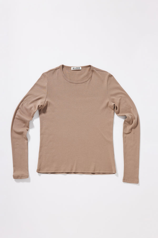 Convex Long Sleeve Top in Fawn front view showing slim fit silhouette and 1x1 organic cotton rib construction