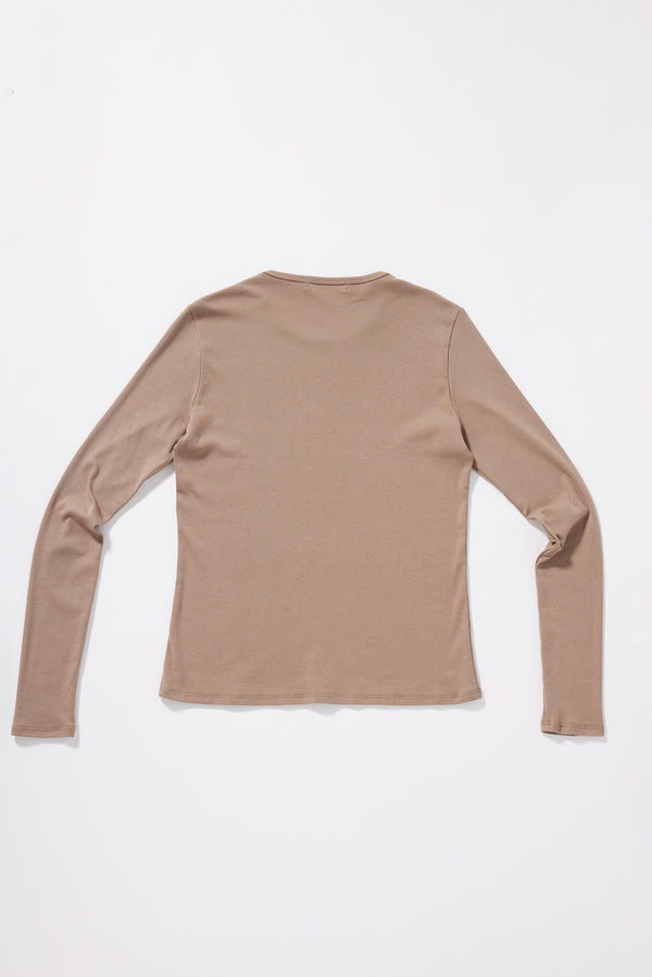 Convex Long Sleeve Top in Fawn Flat back  view showing slim fit silhouette and 1x1 organic cotton rib construction