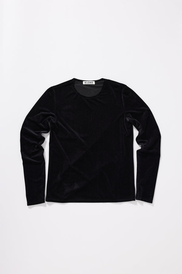 Course Top in Black. Slim fit velour top laid flat front up, showing shape and fabric.