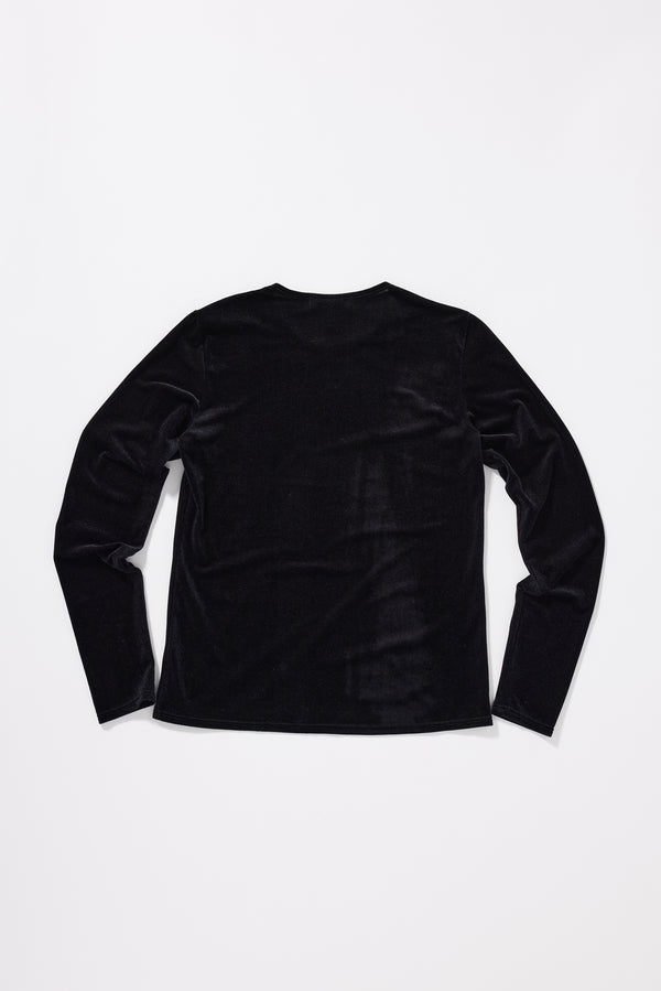 Course Top in Silver. Slim fit velour top laid flat back up, showing shape and fabric.