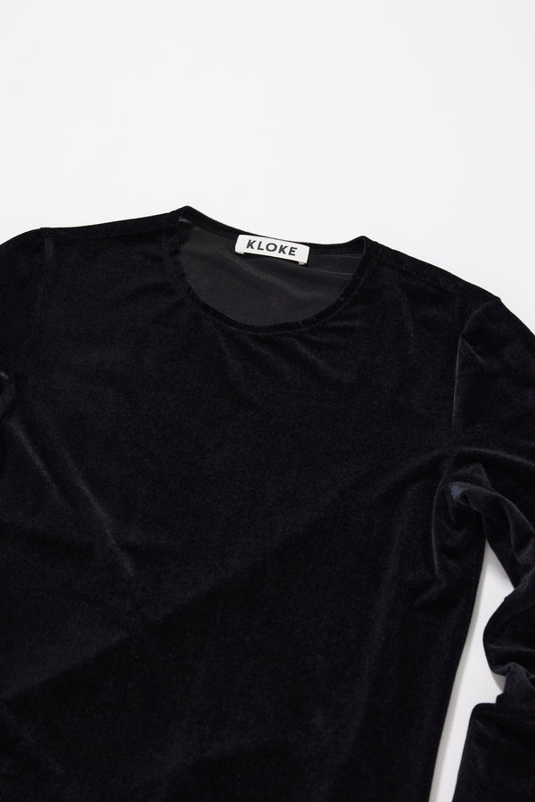 Course Top in Black. Close-up of Japanese velour tricot texture and finish.