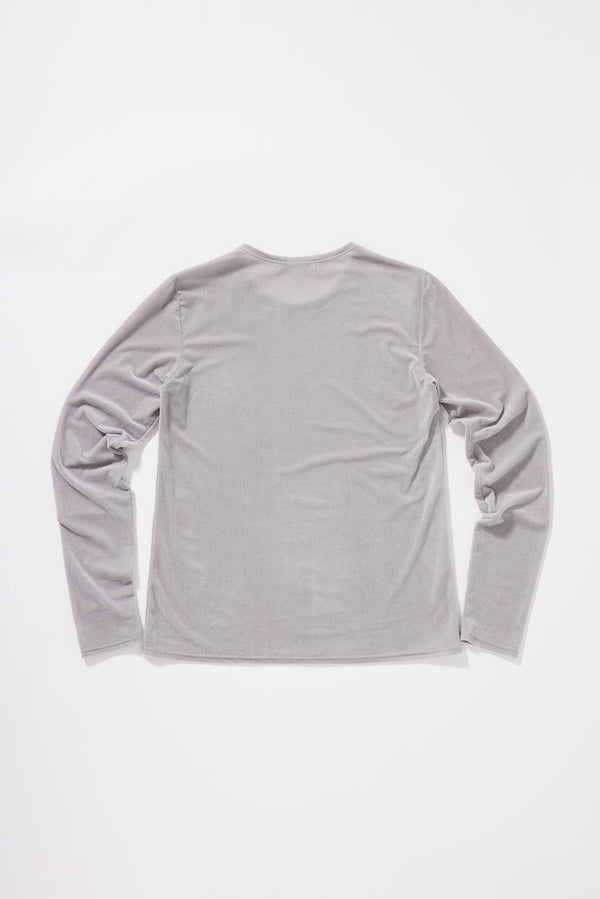 Course Top in Silver. Slim fit velour top laid flat back up, showing shape and fabric.