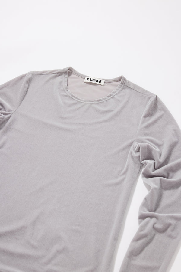 Course Top in Silver. Close-up of Japanese velour tricot texture and finish.
