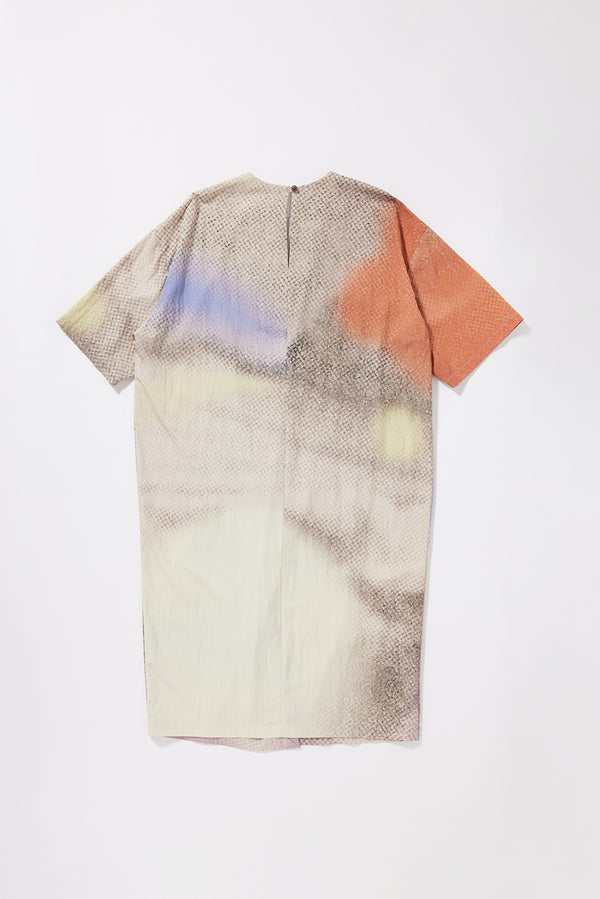 Back view of the Eon Dress in Aion Print showing fluid midi length and fragmented asymmetric deity print in mauve, blue and orange