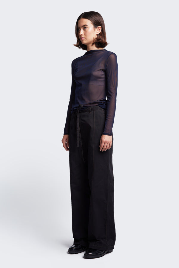 The Exist Mesh Long Sleeve Top Ink, a sheer top made from Japanese Powermesh styled with the Front Found Tie Pant Black. 